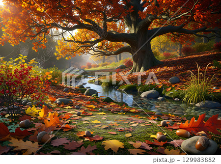 A picturesque autumn meadow with a stream and an old tree surrounded by bright leaves. A picturesque autumn meadow with a stream and an old tree surrounded by bright leaves. 129983882