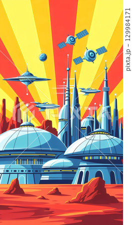 massive domed city on a desolate alien landscape 129984171