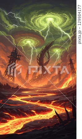 Volcanic wasteland with molten metal rivers twisted towers rise from ash cloud radioactive storm swirls in the sky 129984177