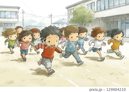 子どもたちが校庭でリレーをしているシーン  129984210