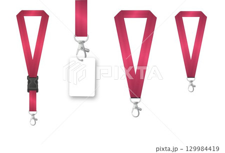 Badges Lanyard design. Identification card with ribbon. Metal closure and card with plastic. Accreditation for events congresses and companies. Vector Badges Lanyard design. Identification card with ribbon. Metal closure and card with plastic. Accreditation for events congresses and companies. Vector 129984419
