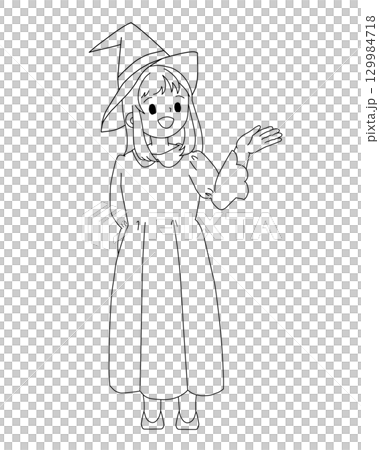 Halloween | Witch girl (line drawing, monochrome) / transparent background 129984718