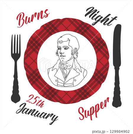 Burns Night Celebration Poster with plate Tartan and Robert Burns Portrait. Perfect for promoting Burns Night events, Scottish cultural event, or traditional celebrations on January 25th. 129984902