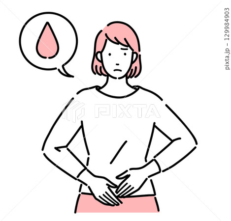 不正出血で下腹部を押さえている若い女性 129984903