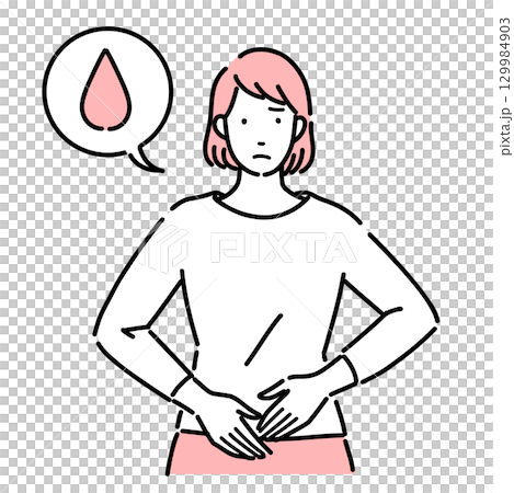 A young woman holding her lower abdomen due to irregular bleeding A young woman holding her lower abdomen due to irregular bleeding 129984903