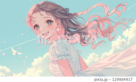 青空の下で微笑む少女と舞う花びらのイラスト 129984917