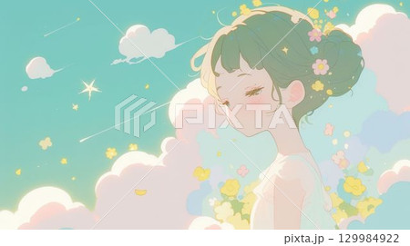 花飾りをつけた空想的な少女と光のイラスト 129984922