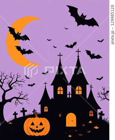 三日月が昇る夜空にコウモリが舞う不気味で可愛いハロウィンの城のシルエット 129985128