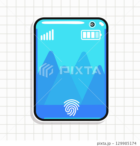 Stylized smartphone with a mountain graphic on a grid background, with fingerprint security. 129985174