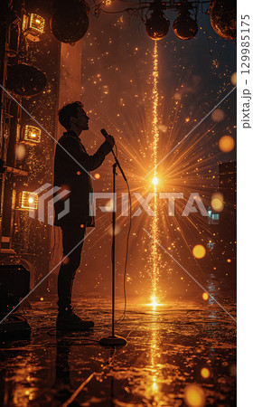 The stage image of the artist. On stage stands a male performer, silhouetted against a bright orange-yellow flickering flash. 129985175