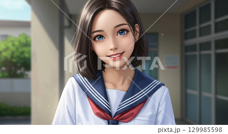 こちらを見て微笑むセーラー服のショートヘア女子高生 129985598