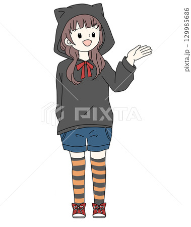 黒ねこパーカーの女の子/ハロウィン・案内ポーズ(背景透過) 黒ねこパーカーの女の子/ハロウィン・案内ポーズ(背景透過) 129985686