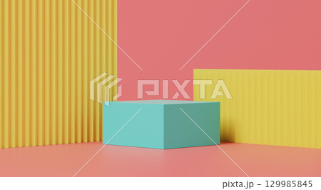 3d render, minimal pastel podium with cube block on pink and yellow background 3d render, minimal pastel podium with cube block on pink and yellow background 129985845