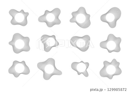 Dotted circular sound wave set with radial pattern for audio visualization and technical graphics. Abstract acoustic rings made of dots for music software, speaker branding or digital equalizer design 129985872
