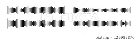Black podcast sound wave patterns with varying amplitude bars for audio visualization and media interfaces. Digital frequency lines on white bg for music players, recording apps or broadcast design. Black podcast sound wave patterns with varying amplitude bars for audio visualization and media interfaces. Digital frequency lines on white bg for music players, recording apps or broadcast design. 129985876