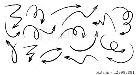 Crayon arrow set with rough texture - zigzag and looped, wavy and curved directional markers for creative design. Hand sketched black pointers on white bg for navigation, presentation or infographic. Crayon arrow set with rough texture - zigzag and looped, wavy and curved directional markers for creative design. Hand sketched black pointers on white bg for navigation, presentation or infographic. 129985881