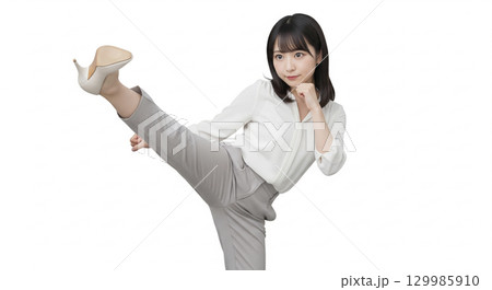 ハイキックをするビジネスウーマン（白背景） 129985910