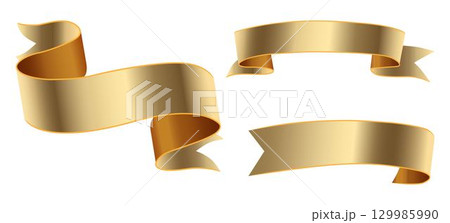 Three golden award ribbon banners for text. Empty golden ribbon collection template. Collection of various empty golden ribbons and label designs. Vector of various shapes. Three golden award ribbon banners for text. Empty golden ribbon collection template. Collection of various empty golden ribbons and label designs. Vector of various shapes. 129985990