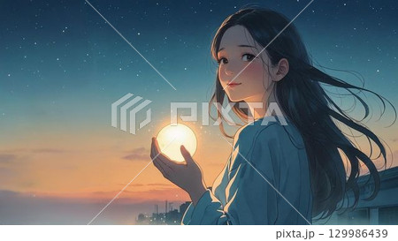 夜明け前の静かな街の中、女性の手には小さな光の粒が握られている。希望のイメージ。 129986439