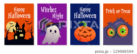 Halloween poster collection with cartoon spooky characters 129986504