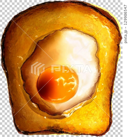 目玉焼きトーストのイラスト　朝食　ベーコンエッグ 129986547