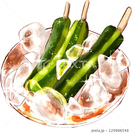 冷やしきゅうりのイラスト　夏祭り　屋台グルメ 129986548