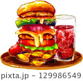 チーズバーガーとポテトのイラスト　ファストフード　ランチ 129986549