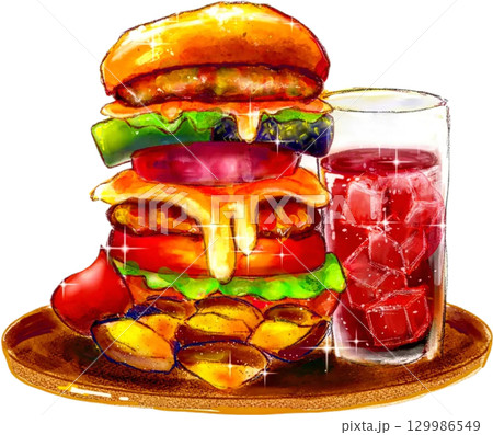 チーズバーガーとポテトのイラスト　ファストフード　ランチ 129986549