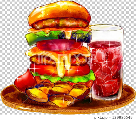 チーズバーガーとポテトのイラスト　ファストフード　ランチ 129986549