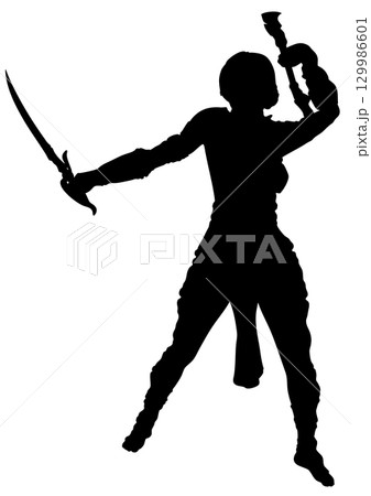 Female Warrior Silhouette with Swords in Action Pose 129986601