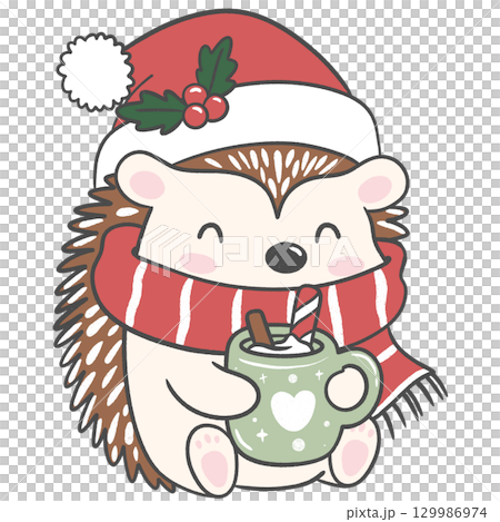 Hedgehog in scarf sipping hot cocoa, perfect for warm winter and Christmas designs. 129986974