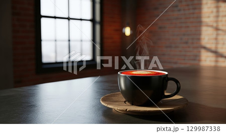 Steaming cup of americano coffee in a cozy loft apartment with morning sun shining in 129987338