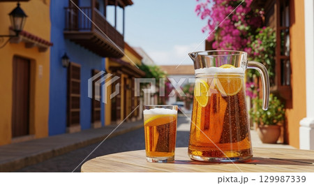 Pitcher and glass of colombian refajo a refreshing beer cocktail on a sunny street cafe 129987339