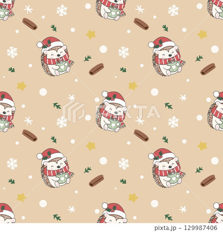 Seamless pattern of a Christmas hedgehog in a red scarf holding hot cocoa with a warm smile, perfect for festive decor and cozy holiday projects. 129987406