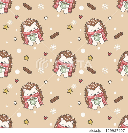 Seamless pattern of a Christmas hedgehog in a red scarf holding hot cocoa with a warm smile, perfect for festive decor and cozy holiday projects. 129987407