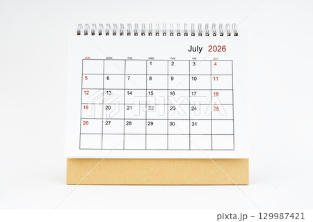 July 2026 desktop calendar isolated on white background, Planing or appointment concept. 129987421