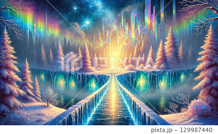 オーロラが輝く空と氷の橋が導く虹色の幻想都市が広がるファンタジー風景 129987440