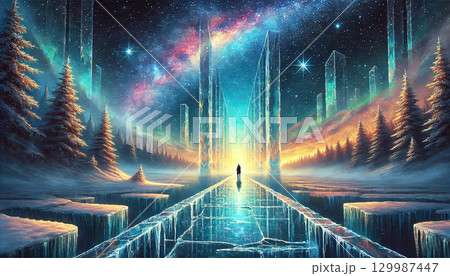 氷の橋を渡る人物と輝く星空に包まれた幻想的な冬のファンタジー風景 129987447