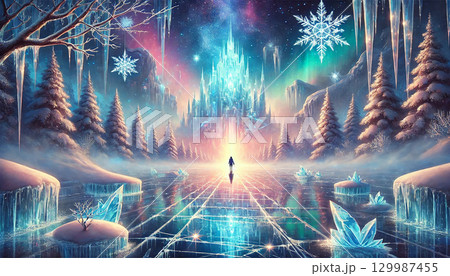 氷の大地を進む人物と光輝く氷の城が現れる幻想的な冬のファンタジー風景 129987455