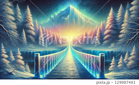 氷の橋が導く光輝く山と雪の森が広がる幻想的な冬のファンタジー夜景イラスト 129987481