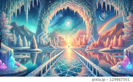 氷の橋と幻想的な氷のアーチが輝くファンタジーな夜の異世界風景イラスト 129987501