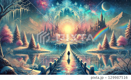 氷の橋を渡り虹と城が輝く魔法の世界へ続く幻想的な冬の風景イラスト 氷の橋を渡り虹と城が輝く魔法の世界へ続く幻想的な冬の風景イラスト 129987516