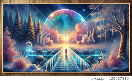 幻想的な氷の橋と虹色の星空が広がる冬の森を進む少女のファンタジー風景 129987519