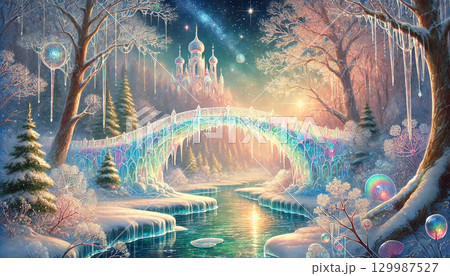虹色に輝く氷の橋と雪化粧の森が織りなす幻想的な宮殿へのファンタジー風景 129987527