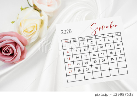 September 2026 calendar page and rose flower on white satin textile background. 129987538