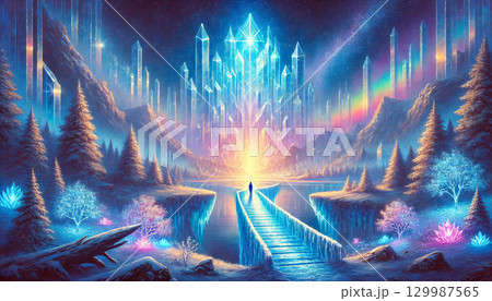 氷の橋を渡り輝くクリスタルの塔へ導かれる幻想的な夜のファンタジー風景 129987565