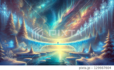 氷の橋が織りなす幻想的な空と光の中を進む冬のファンタジー世界の冒険者 129987604