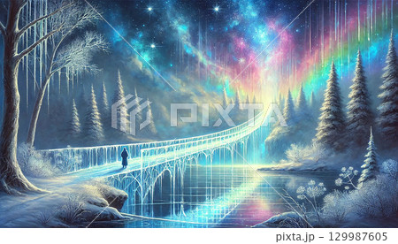 虹色に輝くオーロラと氷の橋が織りなす幻想的な冬の森のファンタジー風景 129987605