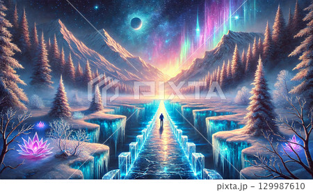氷の橋と光る蓮が導く幻想の森とオーロラに包まれた夜空のファンタジー風景 氷の橋と光る蓮が導く幻想の森とオーロラに包まれた夜空のファンタジー風景 129987610