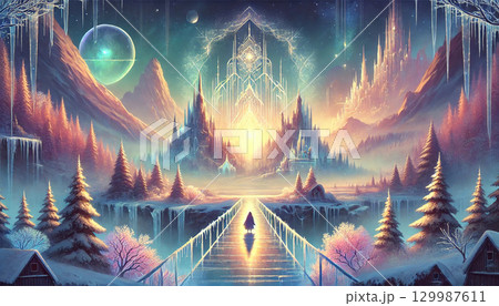 氷の橋が導く幻想の城と夕焼けに染まる魔法の谷のファンタジー風景 129987611
